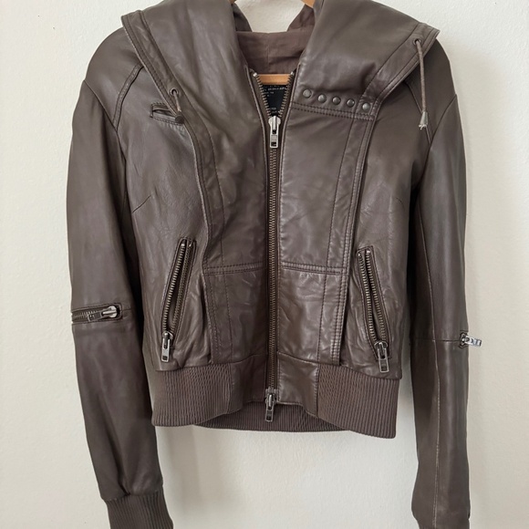 All Saints Cobra Hooded Bomber Leather Jacket Brown S - Picture 3 of 9